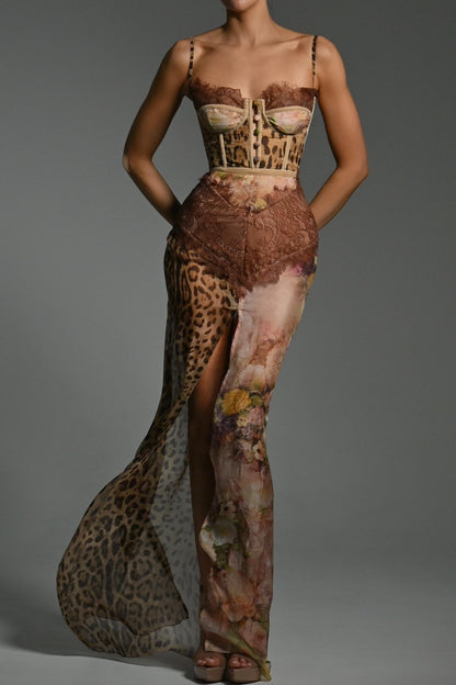Chiffon Splicing Lace Split Leopard Print Maxi Dress