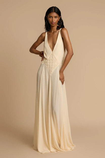 Deep V-Neck Chiffon Lace Midi Dress