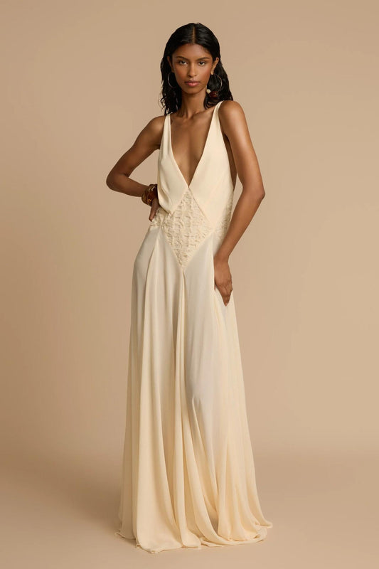 Deep V-Neck Chiffon Lace Midi Dress