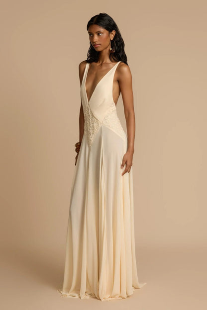 Deep V-Neck Chiffon Lace Midi Dress