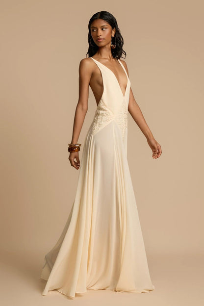 Deep V-Neck Chiffon Lace Midi Dress