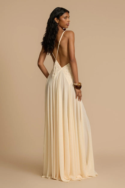 Deep V-Neck Chiffon Lace Midi Dress