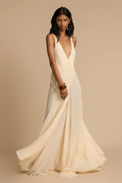 Deep V-Neck Chiffon Lace Midi Dress