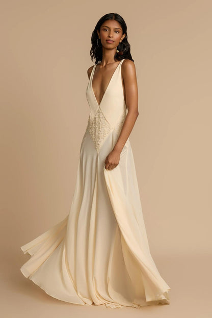 Deep V-Neck Chiffon Lace Midi Dress