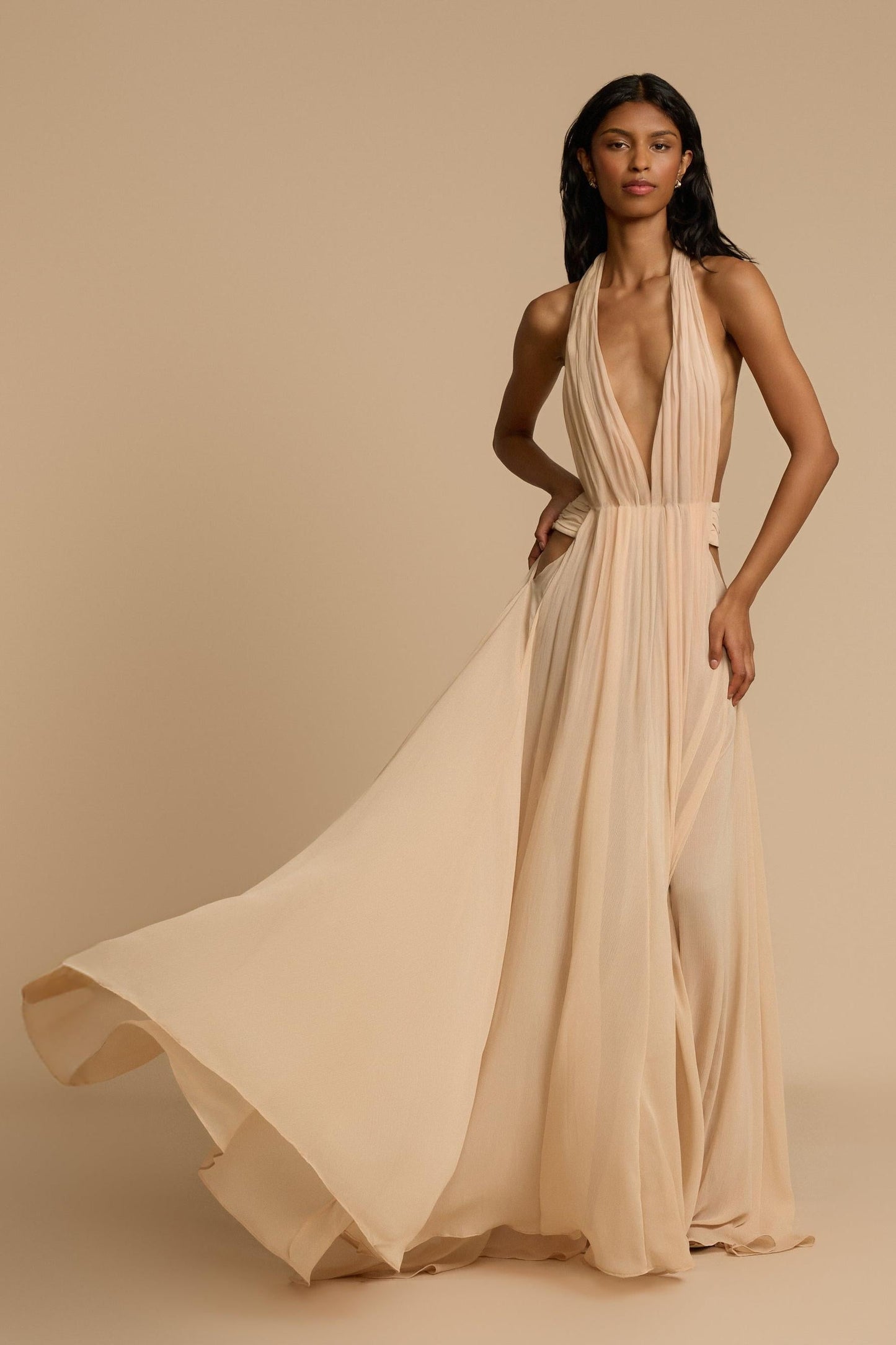 Solid V-Neck Halter Neck Maxi Dress