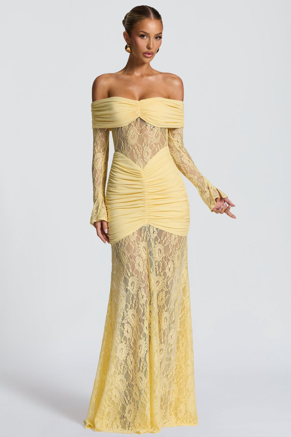 Lace Long Sleeve Strapless Maxi Dress