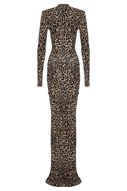 Animal Print Long Sleeve Gathering Maxi Dress