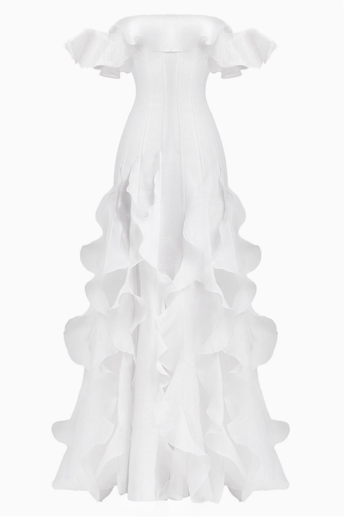 Chiffon Off-Shoulder Frill Maxi Dress
