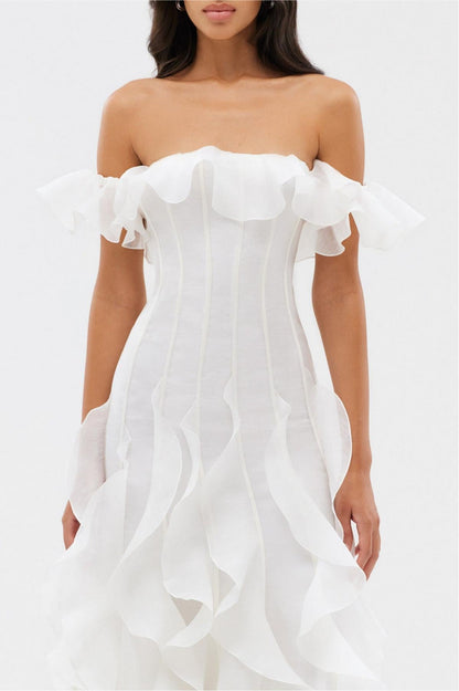 Chiffon Off-Shoulder Frill Maxi Dress