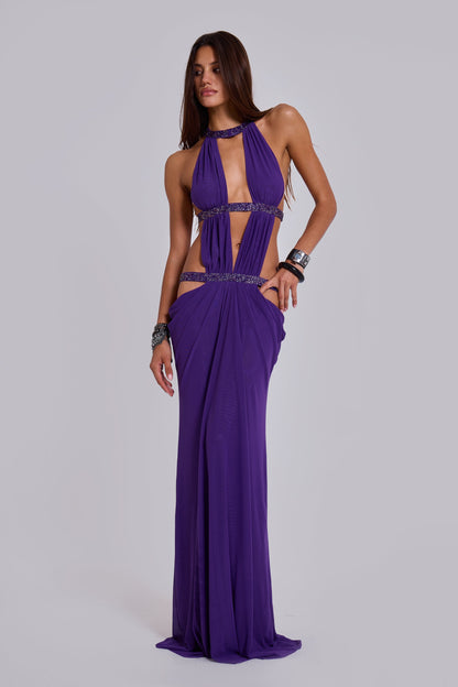 Mesh Cut-Out Rhinestone Maxi Dress