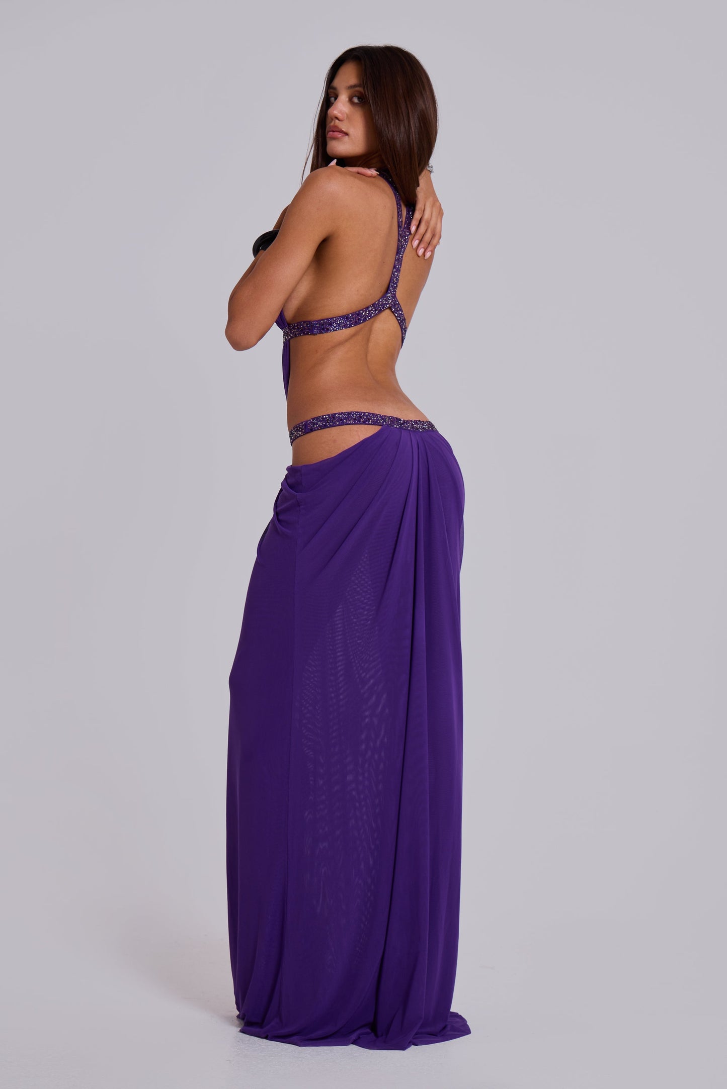 Mesh Cut-Out Rhinestone Maxi Dress