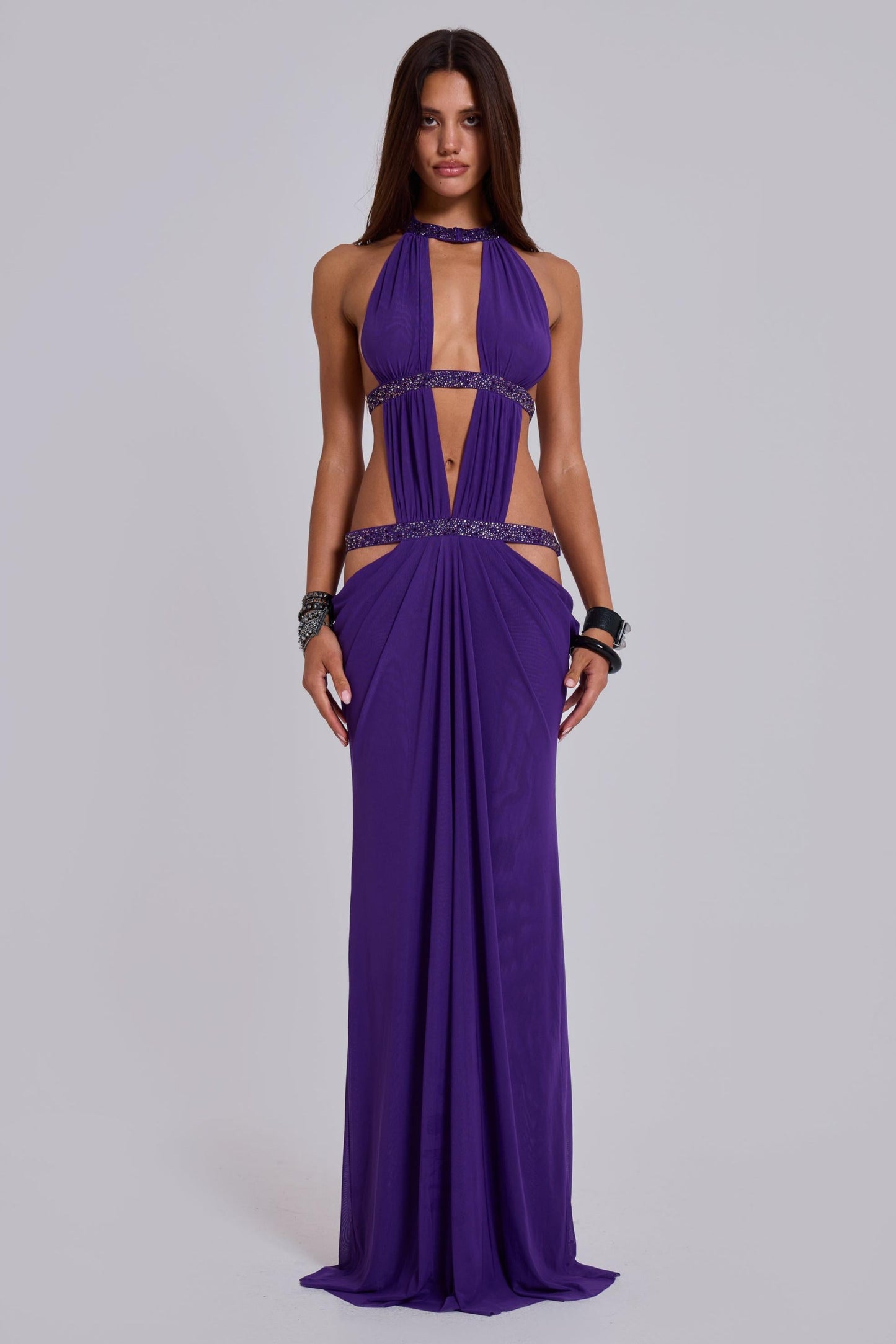 Mesh Cut-Out Rhinestone Maxi Dress