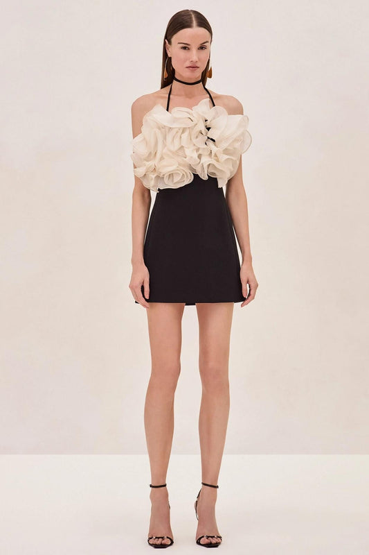 Contrast Color Ruffle Halter Neck Mini Dress