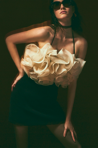 Contrast Color Ruffle Halter Neck Mini Dress