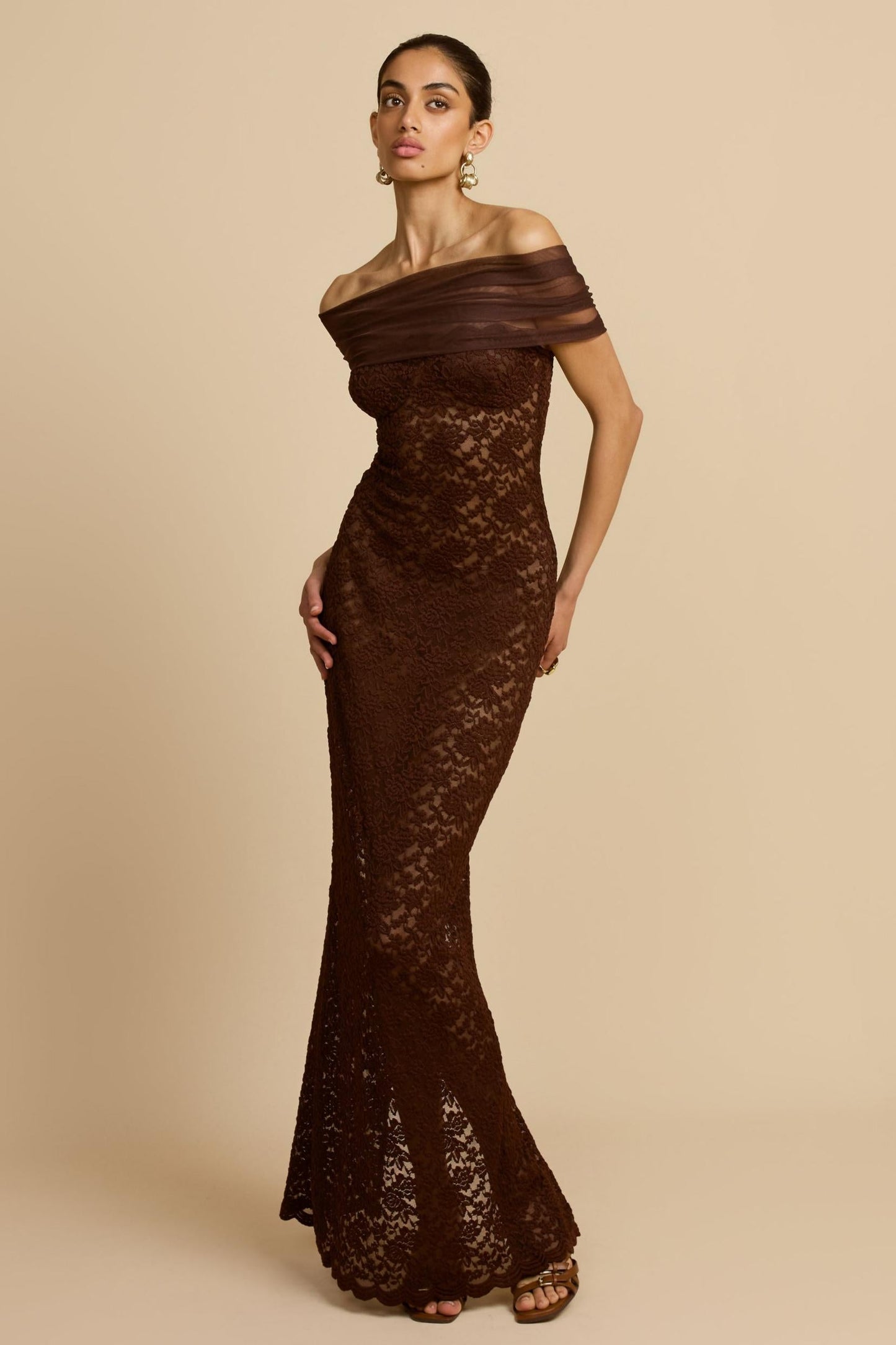 Off Shoulder Lace See-Through Maxi Dress