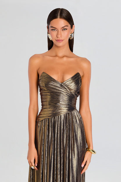 Metallic Fabric Off-Shoulder Slit Maxi Dress