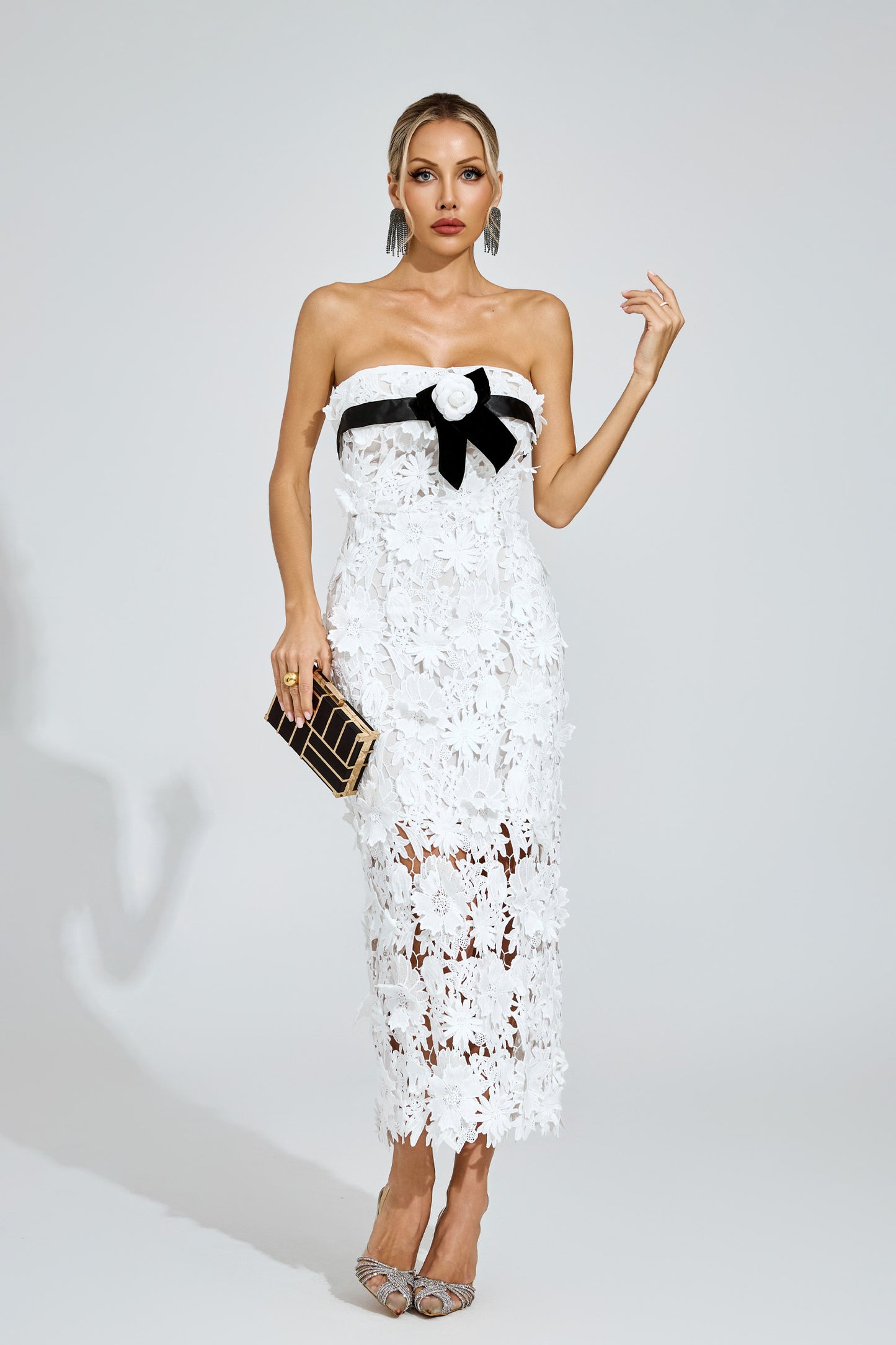 Raleign White Floral Lace Midi Dress