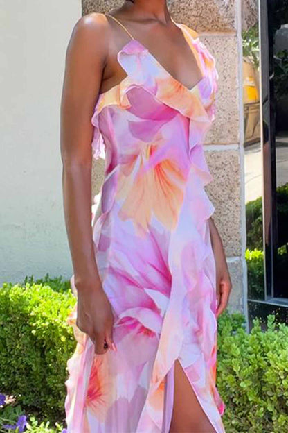 Ruffled Floral Printed Backless Cami Dress