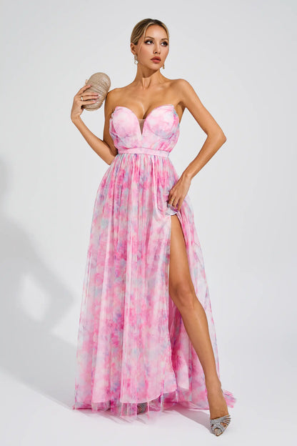 Sheila Pink Floral Slit Off Shoulder Dress