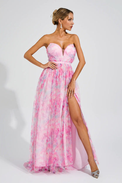 Sheila Pink Floral Slit Off Shoulder Dress