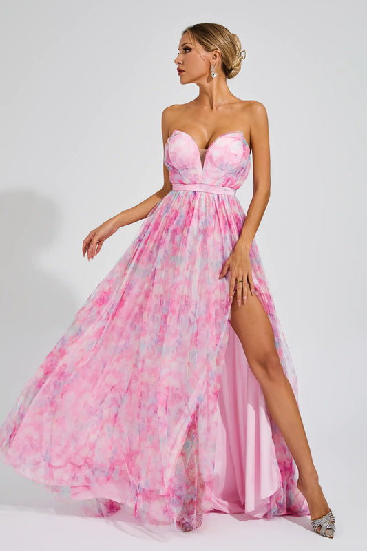 Sheila Pink Floral Slit Off Shoulder Dress