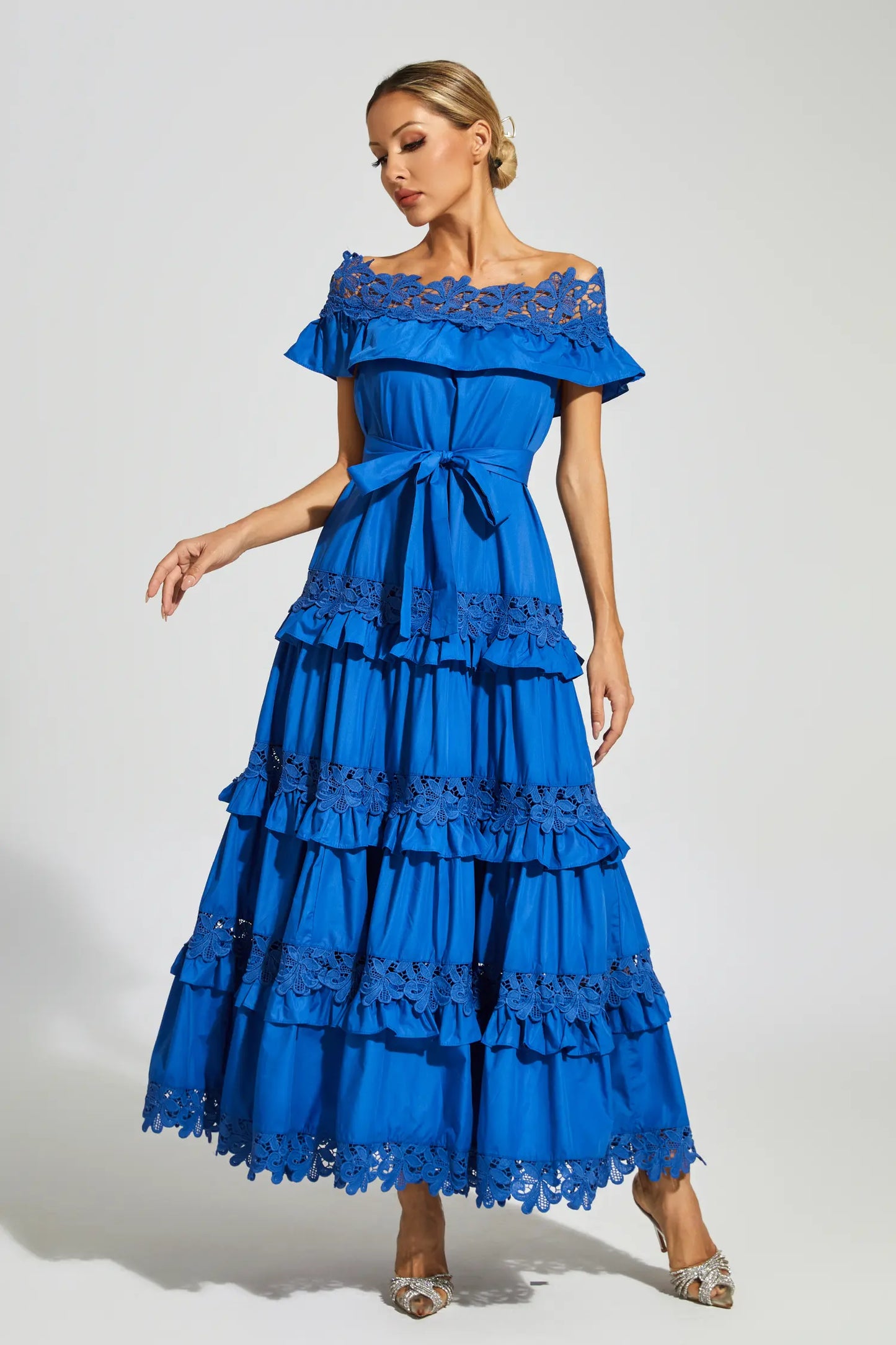 Soraya Marine Blue Ruffle Off Shoulder Dress