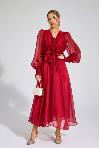 Steele Red Flower Satin Midi Dress