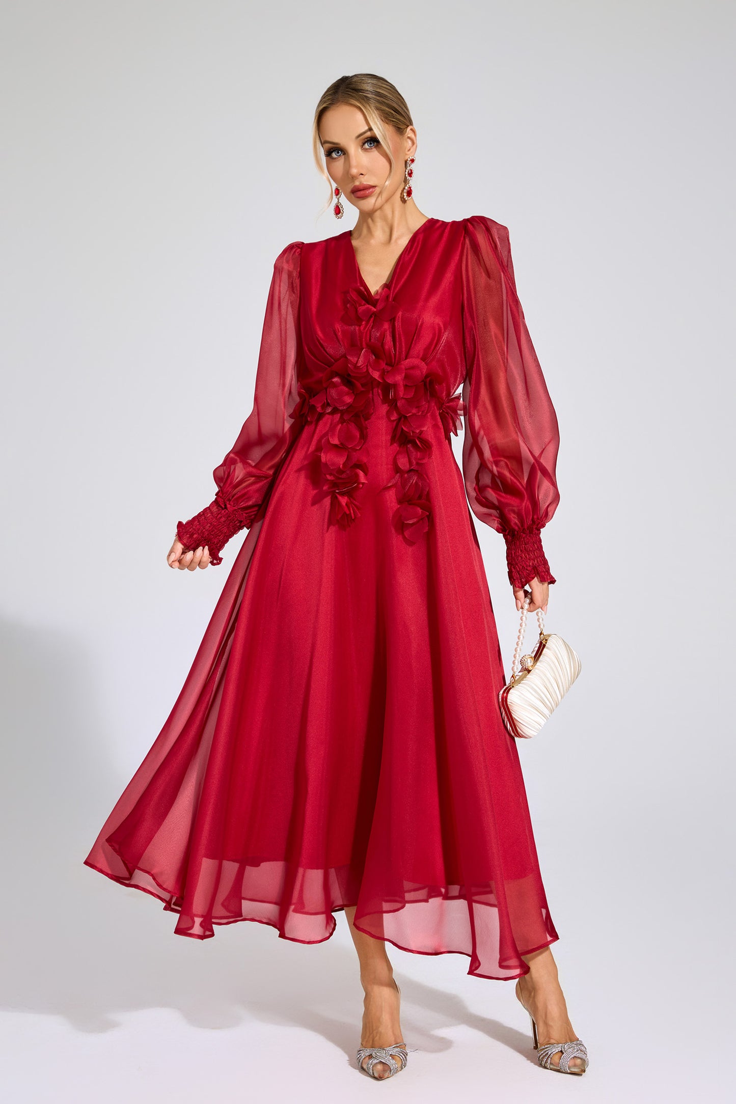Steele Red Flower Satin Midi Dress