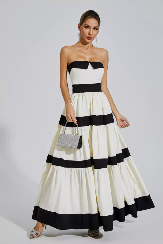 Valery White Striped Bowknot Maxi Dress