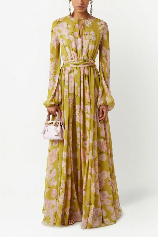 Floral Lace Up Puff Sleeve Maxi Dress