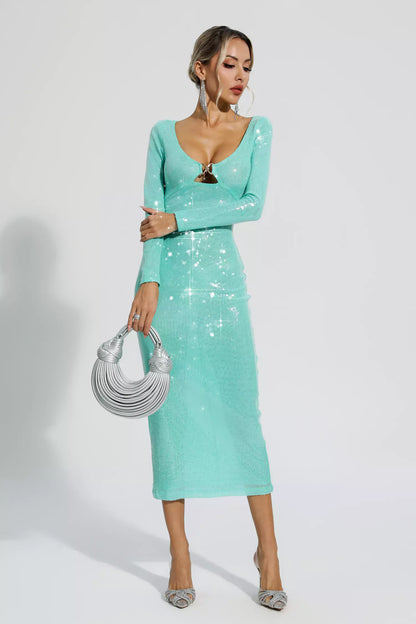Winnie Green Long Sleeve Sequin Midi Dress