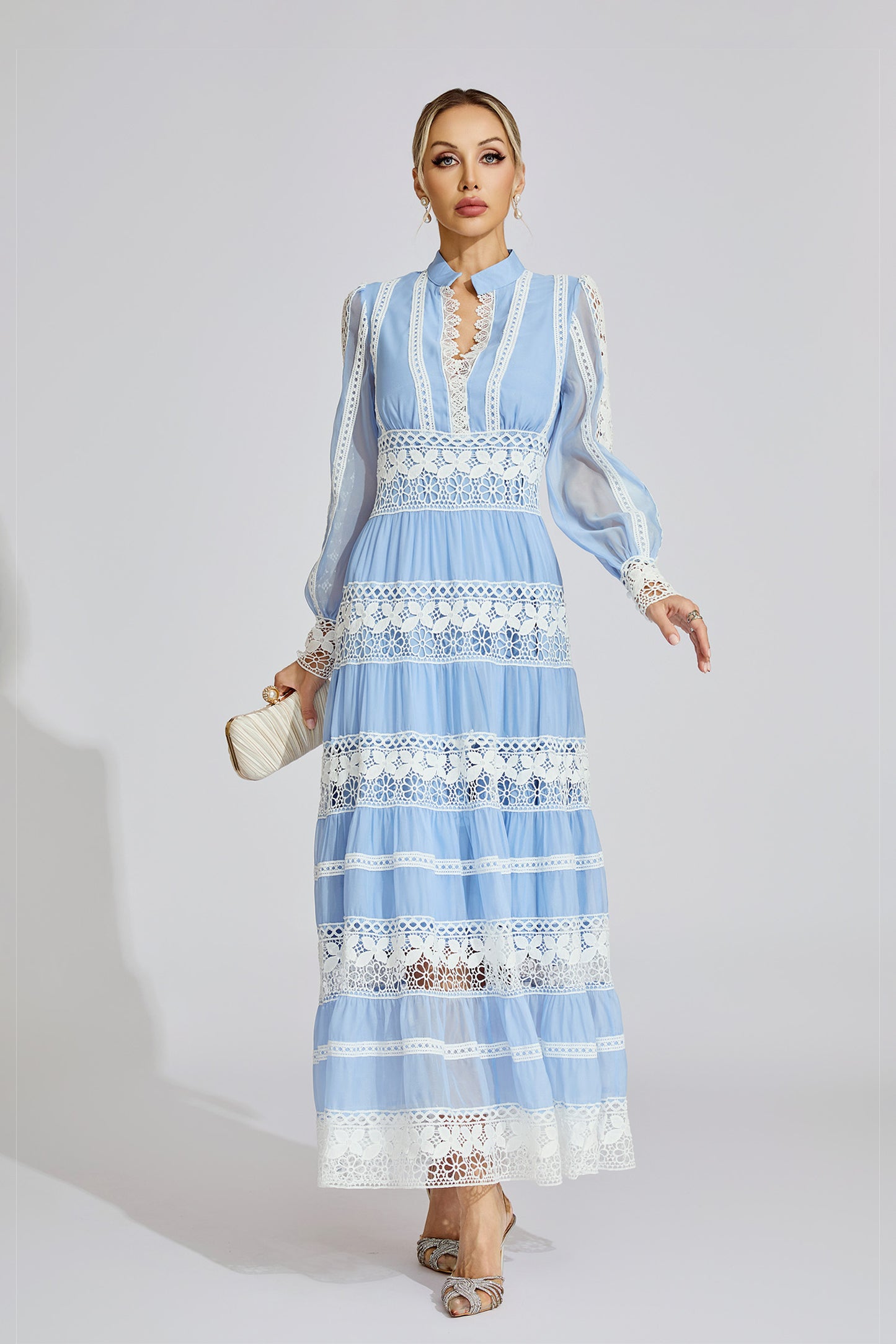 Xena Blue Lace V-Neck French Maxi Dress