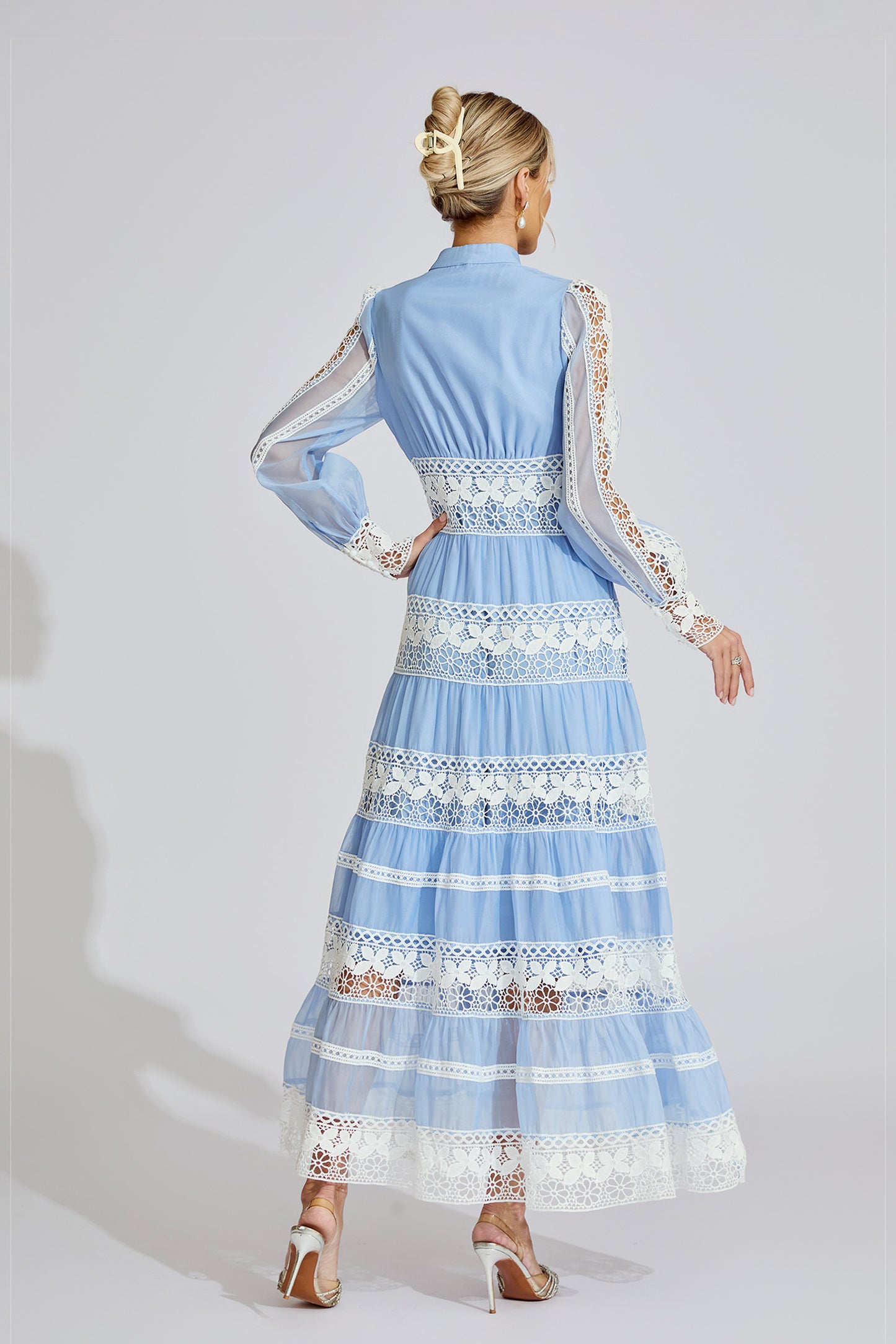 Xena Blue Lace V-Neck French Maxi Dress