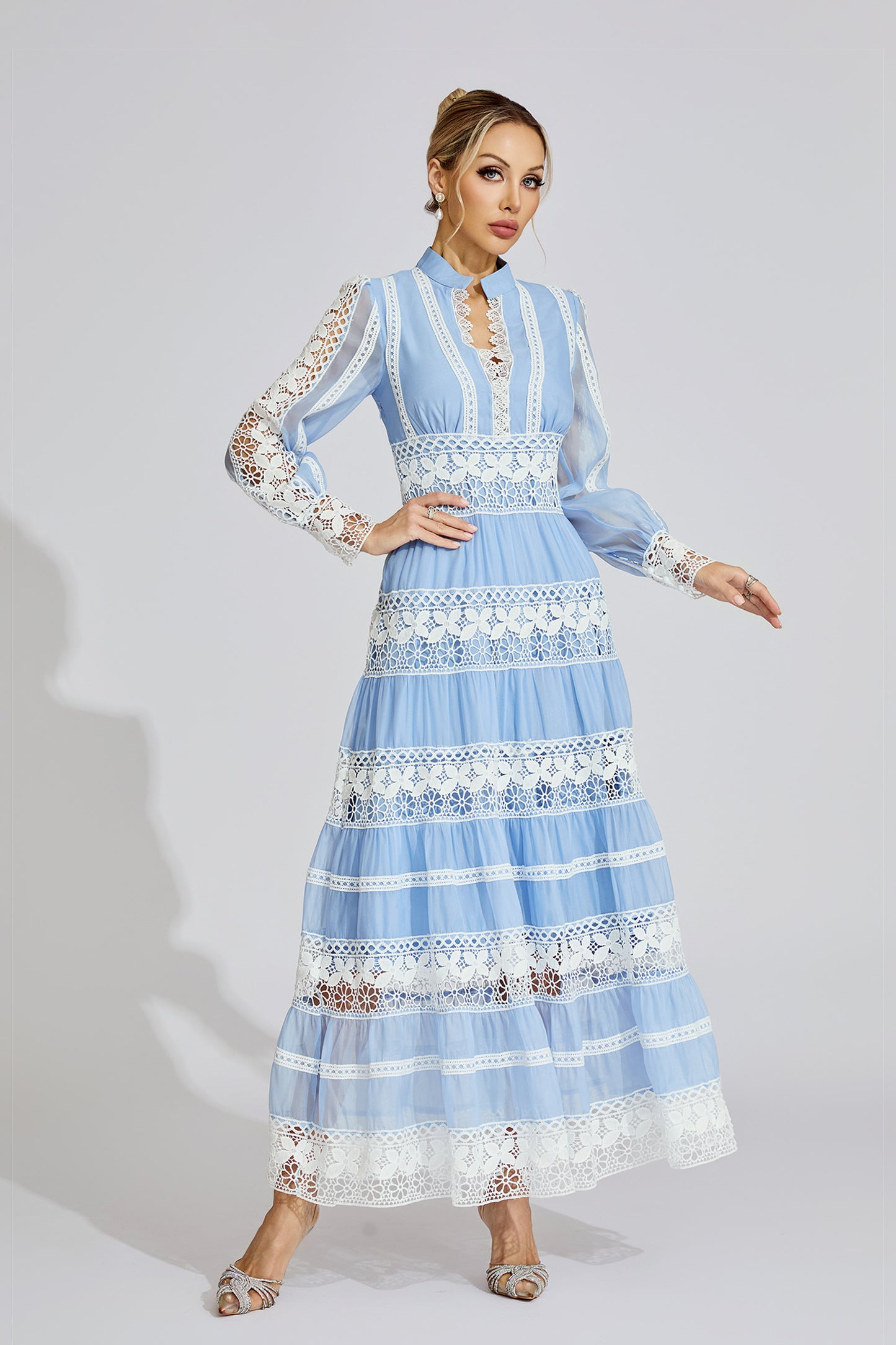 Xena Blue Lace V-Neck French Maxi Dress