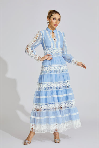 Xena Blue Lace V-Neck French Maxi Dress