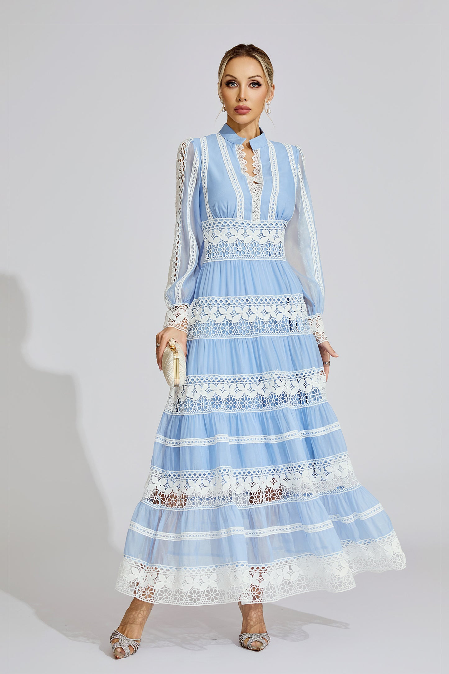 Xena Blue Lace V-Neck French Maxi Dress