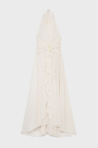 Varyf White 3D Flower Ruffled Maxi Dress
