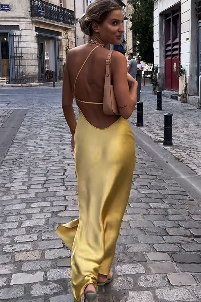 Asymmetrical One Shoulder Backless Satin Sleeveless Midi Dress - Muted Yellow