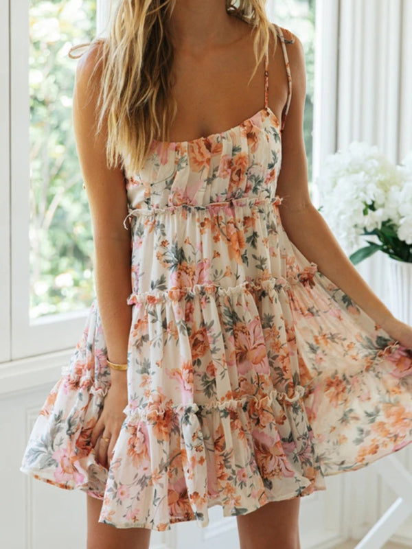 Resort style sexy printed suspender dress