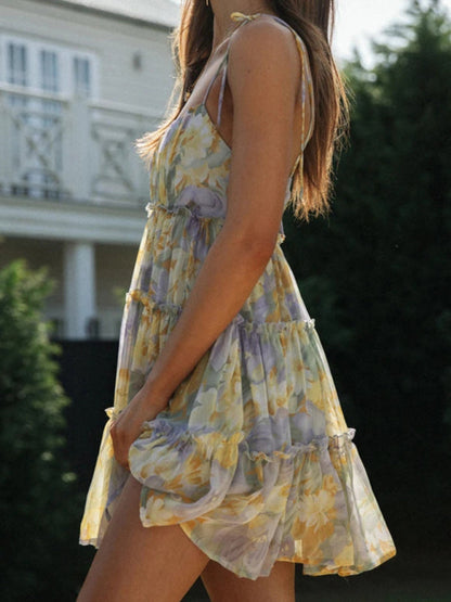 Resort style sexy printed suspender dress