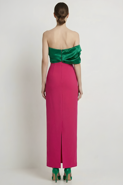 Satin Contrast Color Off Shoulder Maxi Dress