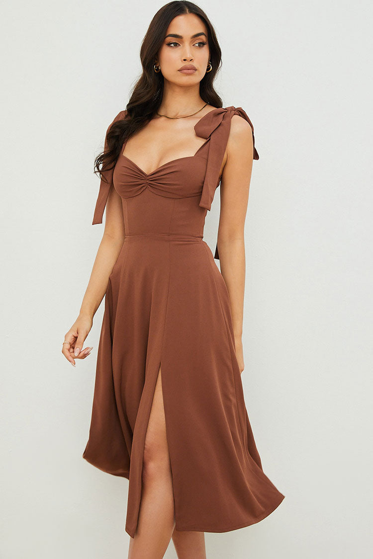 Tie Strap Fit & Flare High Slit Slip Midi Dress